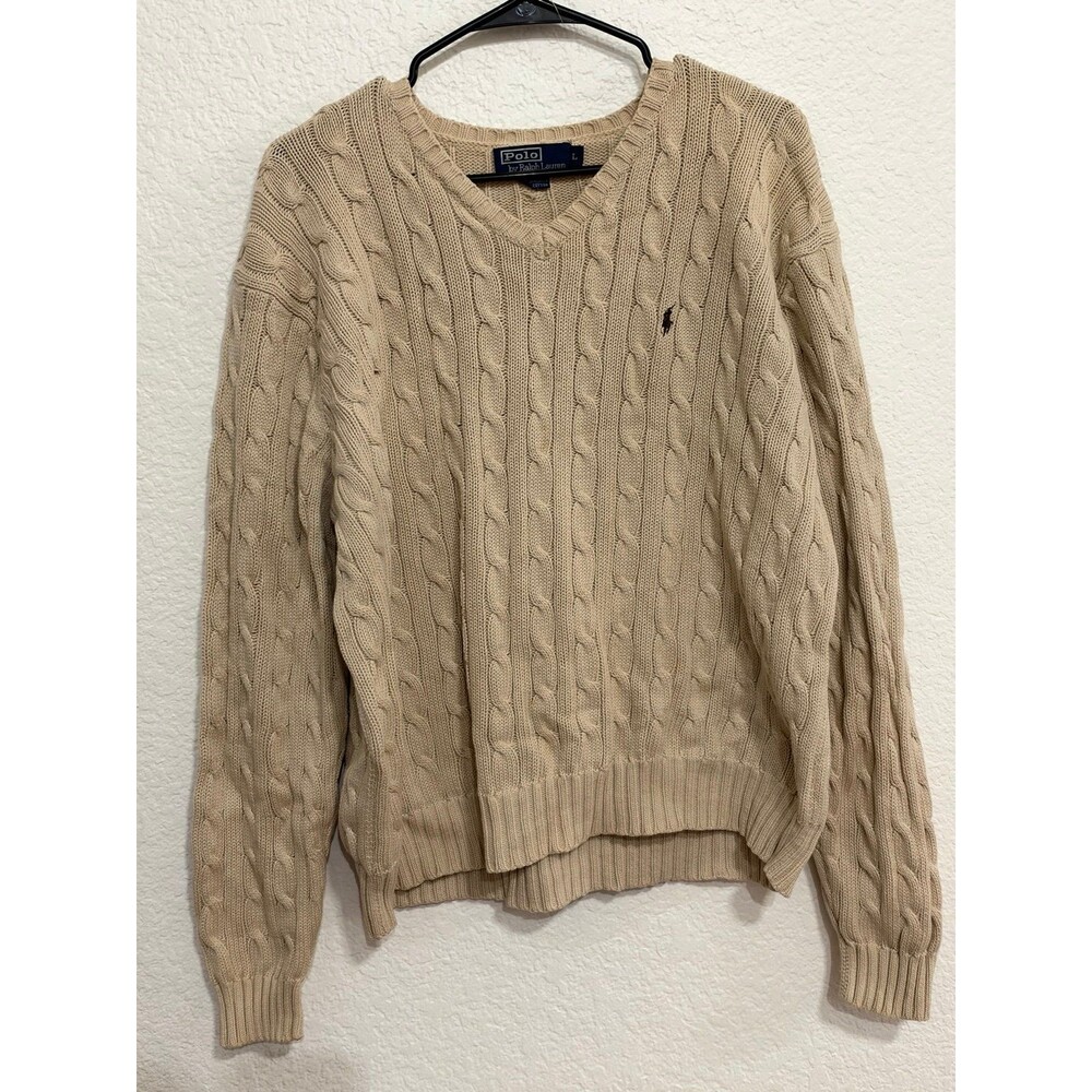 Polo Ralph Lauren Cable Knit V-Neck Sweater Beige Cotton Large